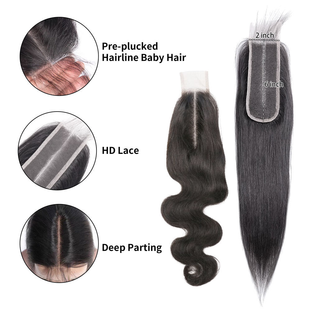 2x6 HD Lace Closure Deep Middle Part 100% Human Hair Natural Color Straight/Body Wave Local Pickup & Shipping