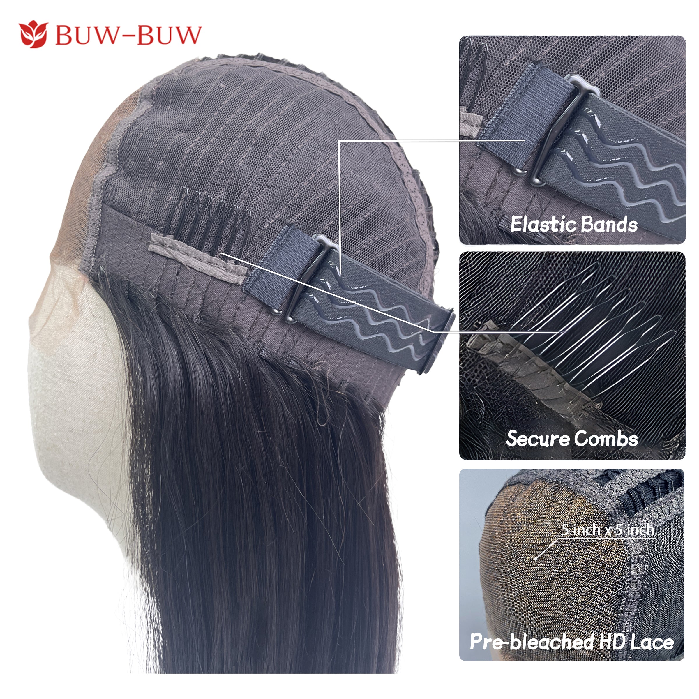 BUW-BUW 180% Density 5x5 HD Lace Closure Glueless Wig Natural Color Breathable Air Cap Wig