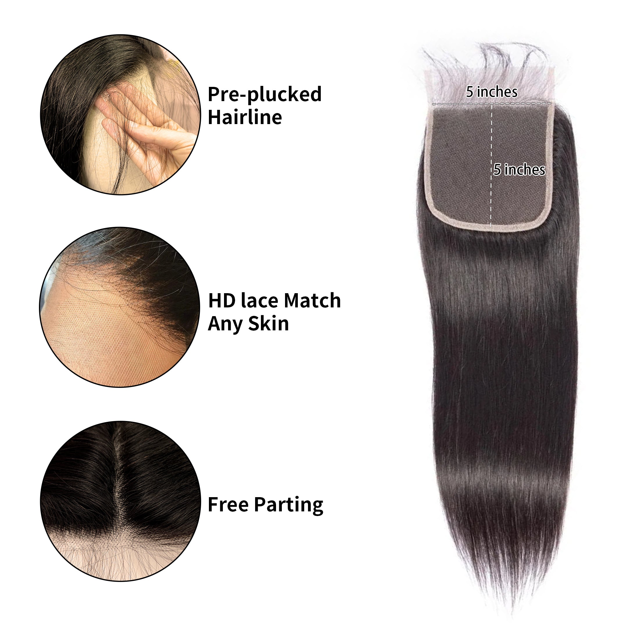 5x5 Pre-Plucked HD Lace Closure Free Part 100% Human Hair Natural Color Local Pickup & Shipping