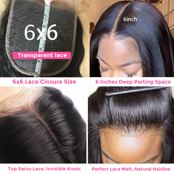 Natural Color 6x6 Free Part Transparent Lace Closure 100% Unprocessed Human Hair Only Pick Up
