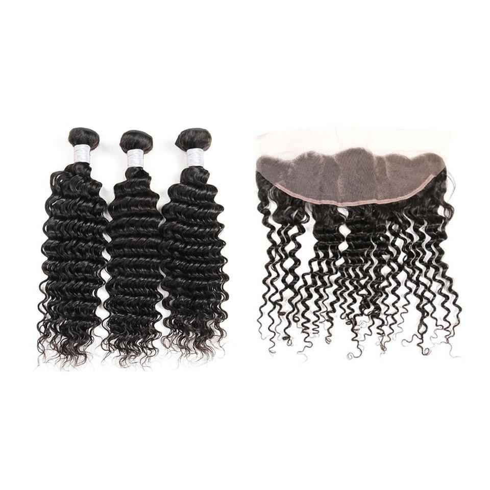 Natural Color Deep Wave 3PCS Bundles With 13x4 Transparent Lace Frontal Local Pickup & Shipping
