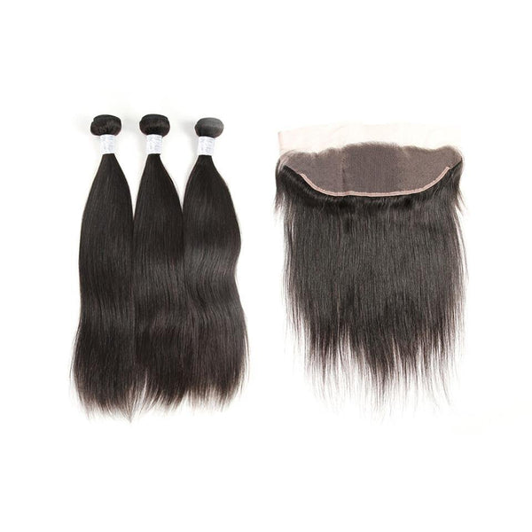 Natural Color Straight 3PCS Bundles With 13x4 Transparent Lace Frontal Local Pickup & Shipping