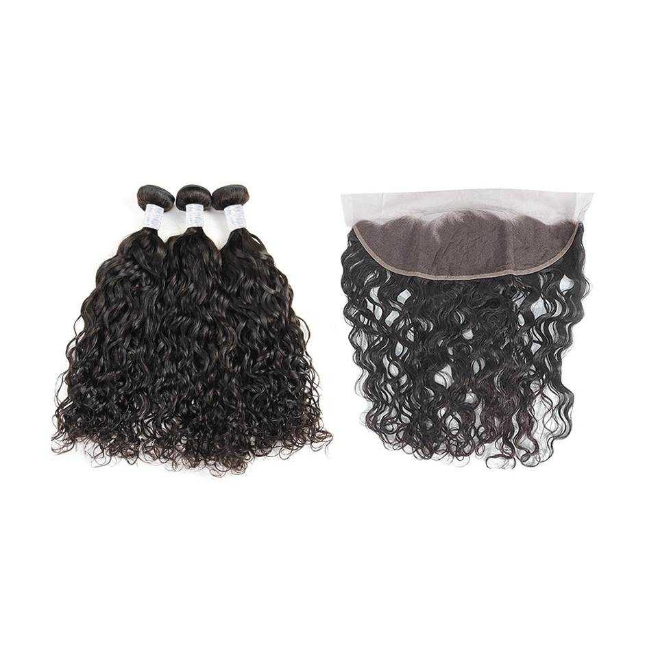 Natural Color Water Wave 3PCS Bundles With 13x4 Transparent Lace Frontal Local Pickup & Shipping
