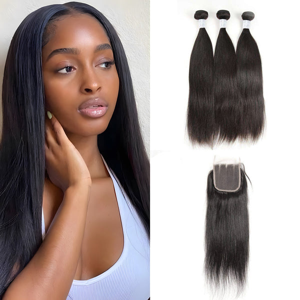 【Influencer Collaboration】3PCS 9A Bundles With 4x4 HD Lace Closure 100% Human Hair Natural Color 4 texture Shipping