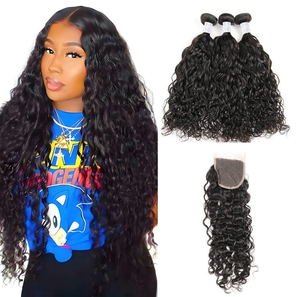【Influencer Collaboration】3PCS 9A Bundles With 4x4 HD Lace Closure 100% Human Hair Natural Color 4 texture Shipping