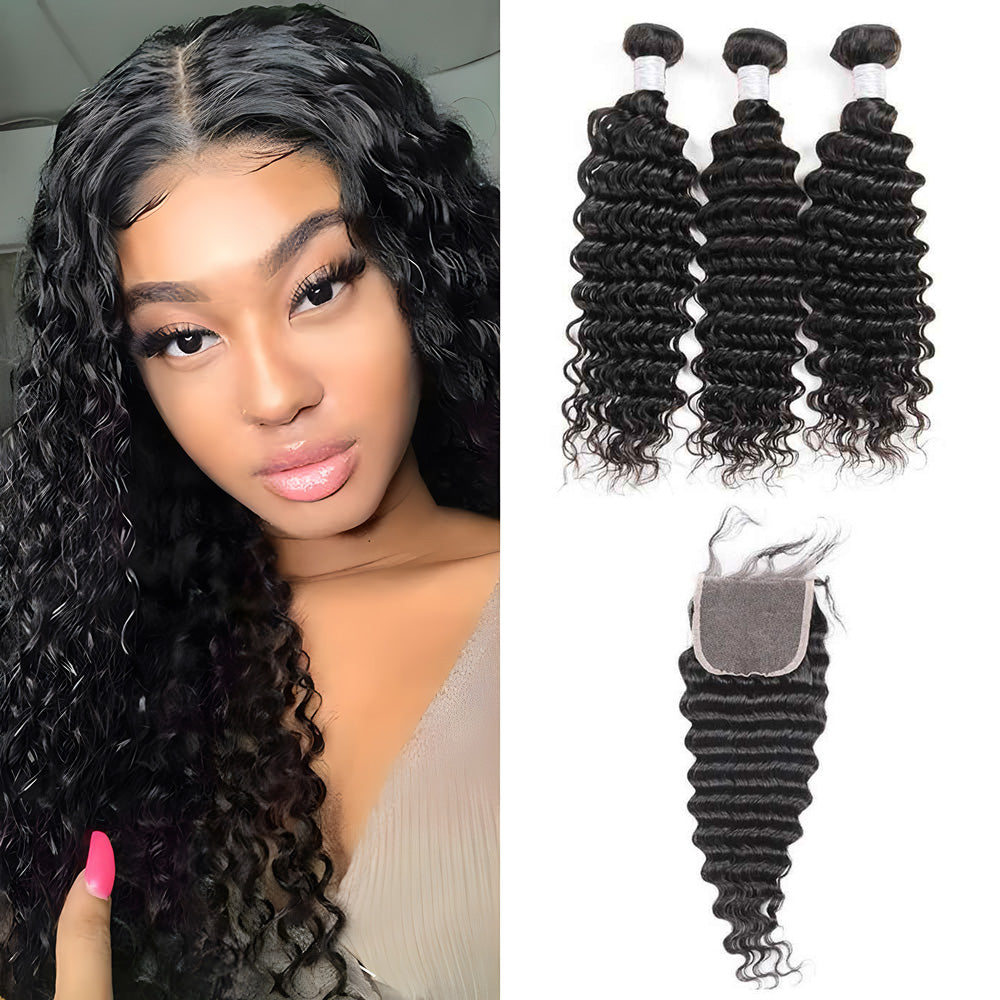 【Influencer Collaboration】3PCS 9A Bundles With 4x4 HD Lace Closure 100% Human Hair Natural Color 4 texture Shipping
